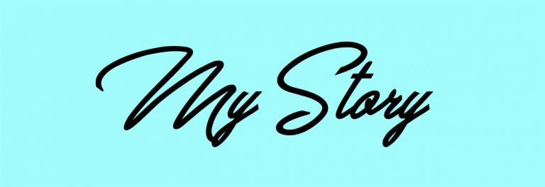 Image of the words My Story in cursive font on blue background.